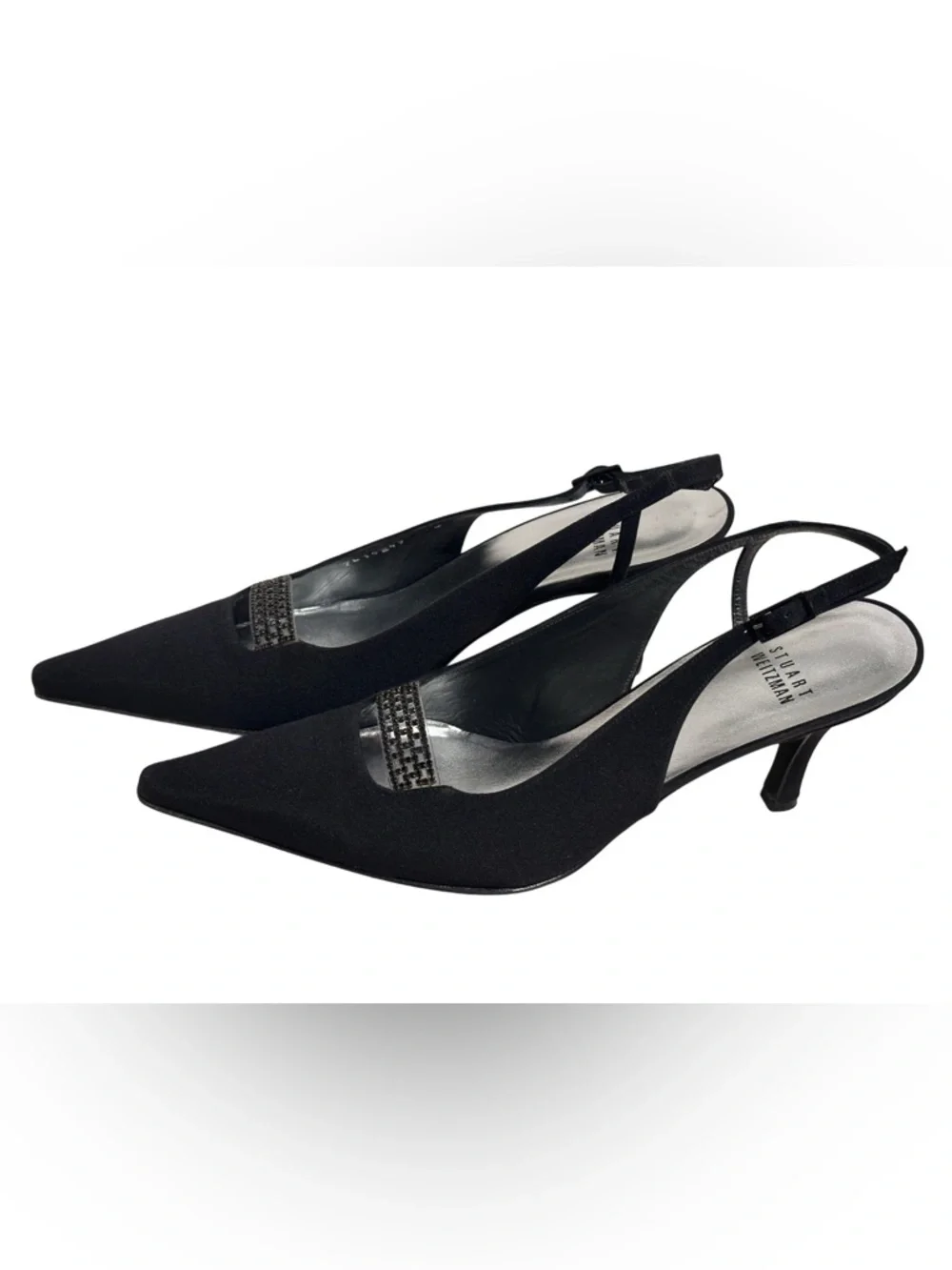 Stuart Weitzman Black Suede Crystal Embellished Slingback Pointed Toe Pumps 7.5